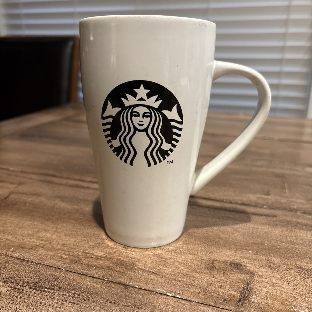 Starbucks 2014 Tall Coffee Mug White Ceramic Black Mermaid Logo 18 Oz